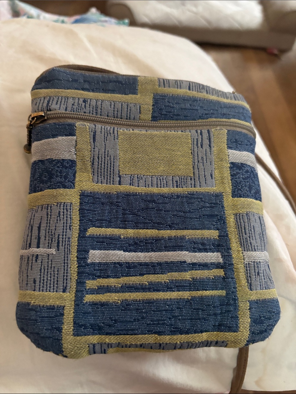 Geometric Blue and Olive Crossbody Bag - Unbranded